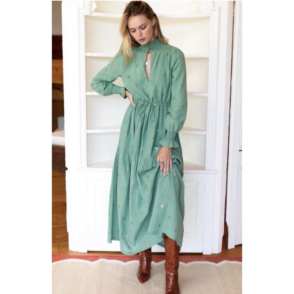 Emerson Fry Lucybella Maxi Dress Gold Leaf Kasmir Boho Cottagecore XS